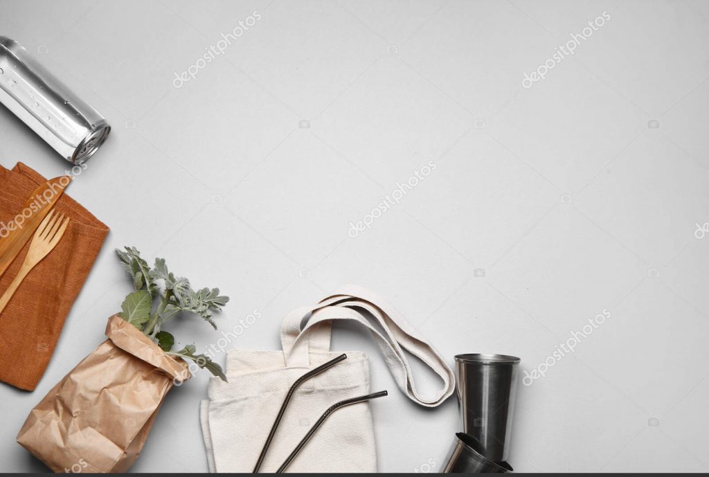 Composition with eco bag on light background